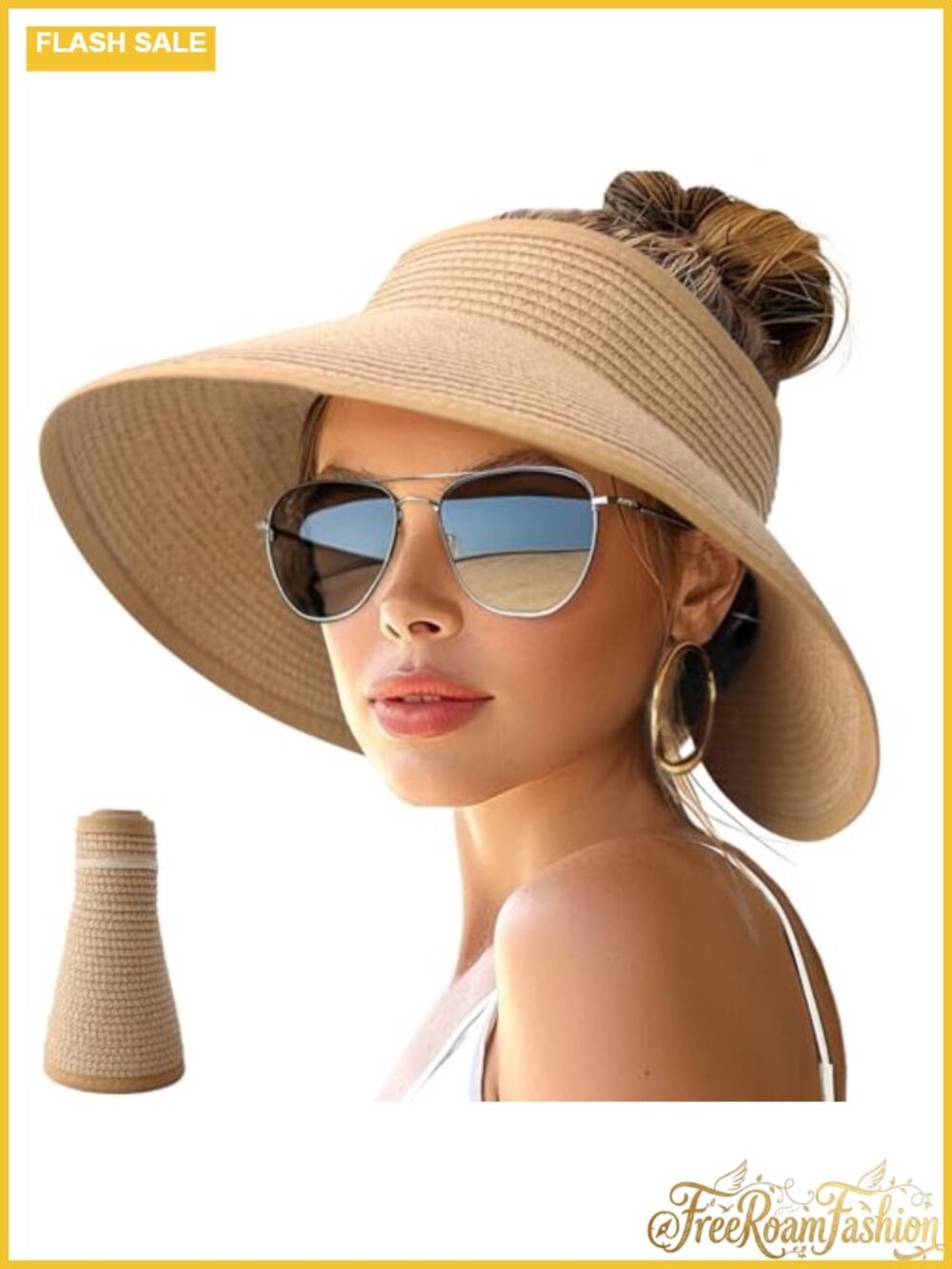 Wide Brim Roll-Up Ponytail Straw Visor Packable Sun Hat